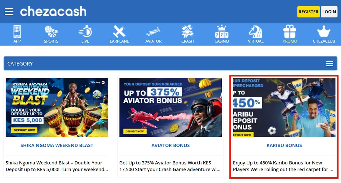 ChezaCash Bonus on your first three deposits Screenshot